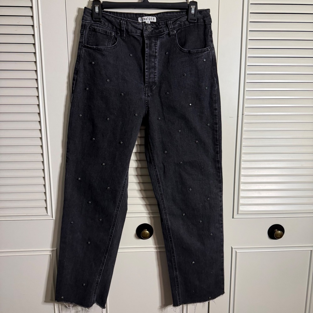 Signature 8 Rhinestone Embellished Straight Leg Jeans Faded Black Size M